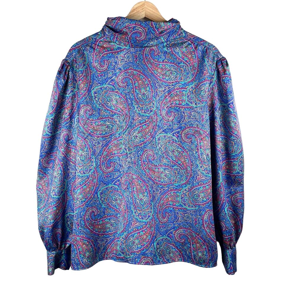 80s Vintage Gay Boyer Blouse Top 16 Blue Purple Paisley Satin Button Back USA